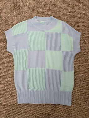 Women’s Pastel Check Knit Sweater Vest - Light Blue & Mint